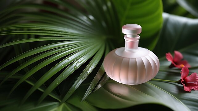 A delicate pink perfume bottle nestled amongst lush green tropical leaves and delicate pink flowers
