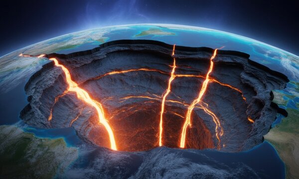 Earth's crust torn open, revealing glowing magma through deep fissures