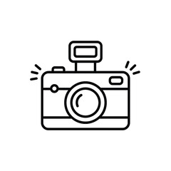 Simple line art icon of a vintage camera with flash