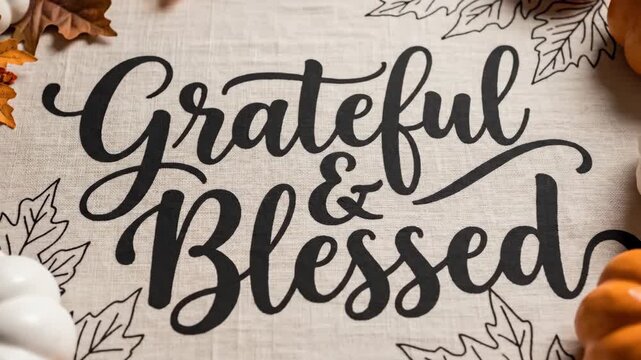 Grateful & blessed text on fabric with autumn leaves and pumpkins. Thanksgiving message for seasonal celebration.