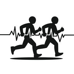 Two runners silhouetted against a heartbeat line symbolizing health and fitness