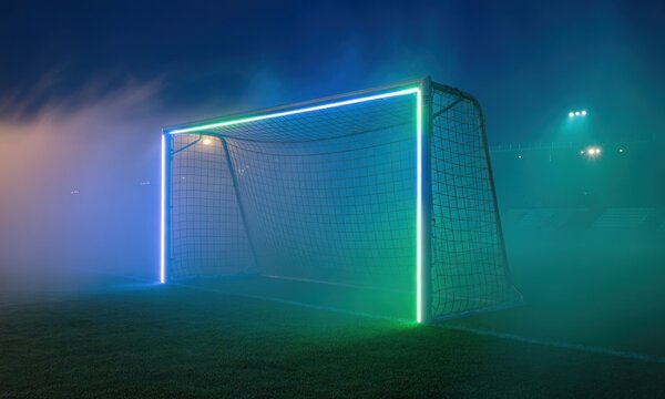 Football/soccer goal lit with blue/green neon against a foggy stadium background at dusk