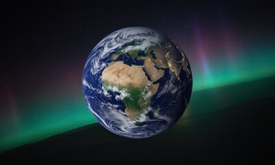 Fototapeta premium Globe of Earth floats, illuminated by city lights, with aurora borealis in the background