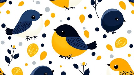 Animated birds are scattered across a white background among dots and leaves in a seamless pattern.