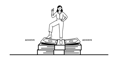 Single continuous line drawing of a woman standing victoriously on books and rocks vector