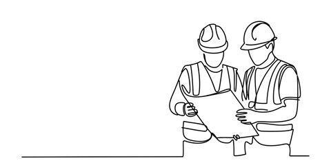 Continuous line drawing of two construction workers reviewing blueprints in a collaborative effort vector