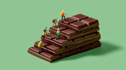 Miniature hikers climb stacked dark chocolate bars against a mint green background, creating a playful, scaled-down adventure scene.