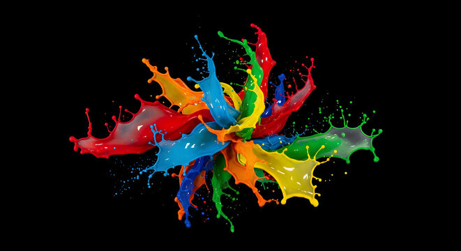 Vivid Explosion of Colorful Liquid Paint Splashes on Black Background