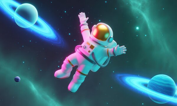 Joyful astronaut floats in vibrant space