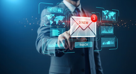 Cybersecurity expert analyzing global network data with holographic email communication screen interface