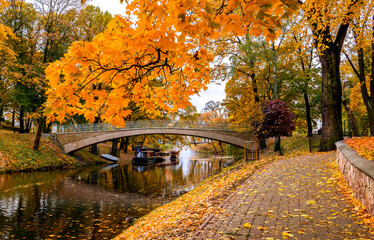 Golden autumn in old public park with footpath on foreground, walking bridge and anchored pleasure boats at the distance
