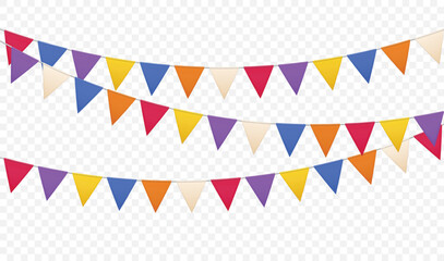 Color bunting triangle flags. Festive garland with paper pennants for carnival and birthday party, anniversary celebration. 3D realistic vector isolated set. © Frogella.stock