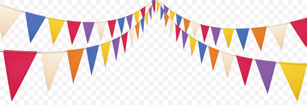 3D color bunting flags. Festive garland with colorful triangle pennants in perspective view, birthday and carnival bunting. 3D realistic vector isolated mockup.