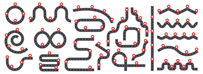 Road path with red pin pointers. Business journey map infographic, wavy timeline with milestones. Workflow process chart, flow chart. Abstract route infographics vector elements.
