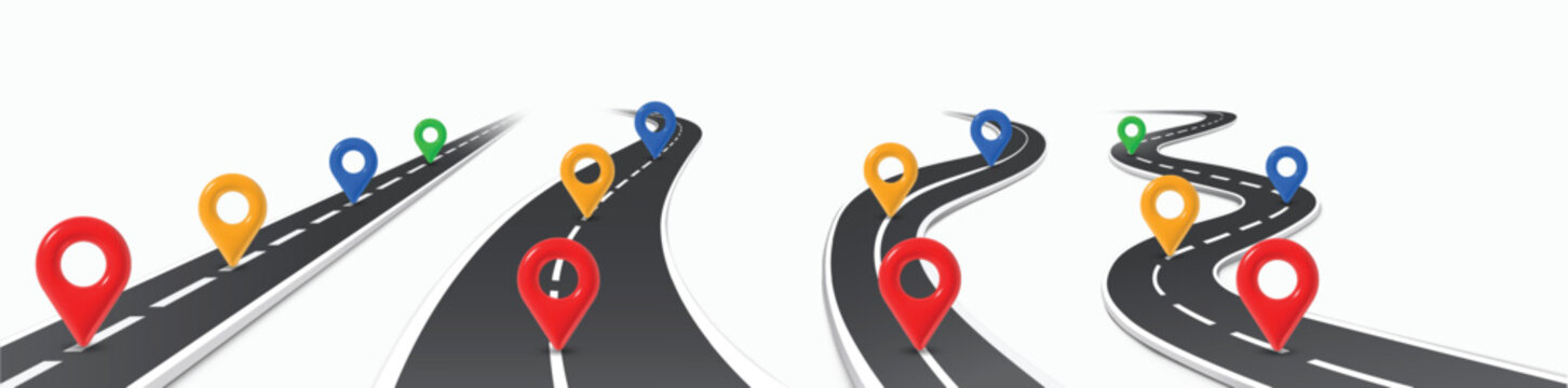 Winding 3d road with pins. Business journey map infographic, wavy way in perspective view. Abstract travel street, workflow process chart, timeline. Vector flowchart templates.