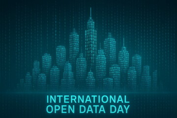 Digital banner for International Open Data Day with glowing city skyline and binary code background.