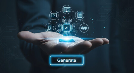 Human hand holding glowing futuristic holographic technology interface with light bulbs and abstract data streams