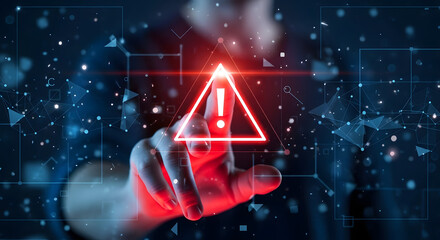 Futuristic hand touching glowing red triangle digital warning alert cybersecurity data protection concept