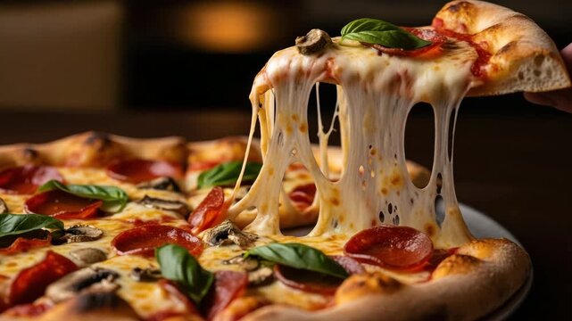 A slice of pepperoni pizza being lifted with cheese stretching dramatically