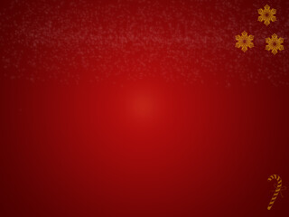 Christmas background illustration with a dark-to-light red gradient, tiny white snowflakes on top, three golden snowflakes in the upper right corner, and a golden candy cane in the lower right.