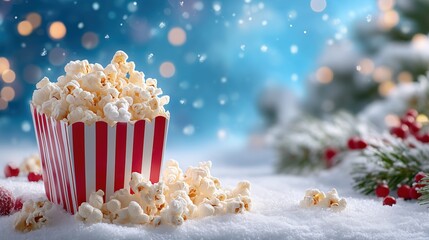 Christmas popcorn in a red striped paper bucket placed on snow with festive bokeh lights and winter decorations. Holiday food concept, perfect for seasonal advertising