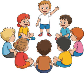 Children sitting in circle, group activity, classroom interaction, playful learning, cartoon kids, teamwork, education concept, happy diverse students illustration