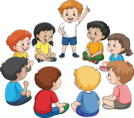 Children sitting, group activity, cartoon kids, teamwork, playful interaction, classroom scene, social learning, education concept, vector illustration, isolated