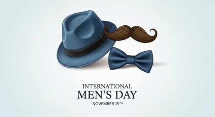 Illustration for International Men’s Day celebrated on November 19, featuring a blue hat, mustache, and bow tie on a light background. Holiday greetings card