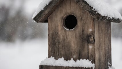 Snow-covered birdhouse in winter landscape, rustic charm.