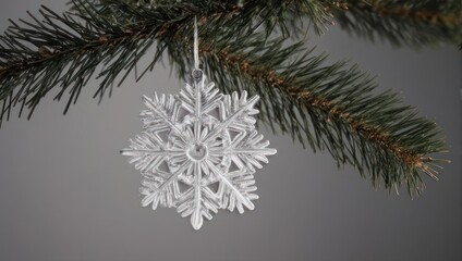 Snowflake Ornament Hanging on Christmas Tree Branch.