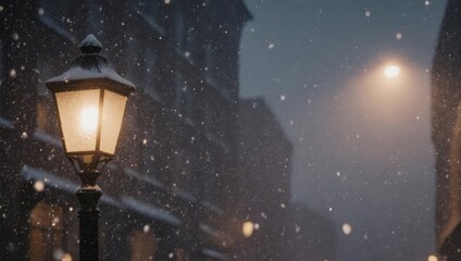 Snowy Night Scene with Illuminated Street Lamp and Falling Snow.