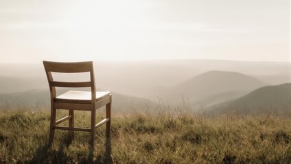 Solitary Chair on Hilltop Overlooking Misty Mountains.