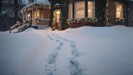 Snowy Winter Home with Christmas Decorations and Footprints.