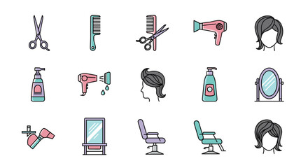 A vibrant collection of flat design icons representing essential hair salon and barber shop tools and services, including scissors, combs, hair dryers, shampoo bottles, mirrors, and styling chairs