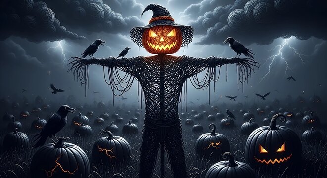 Spooky Halloween scarecrow with jack-o-lantern head in a field of glowing pumpkins and crows under a stormy sky with lightning, horror concept.