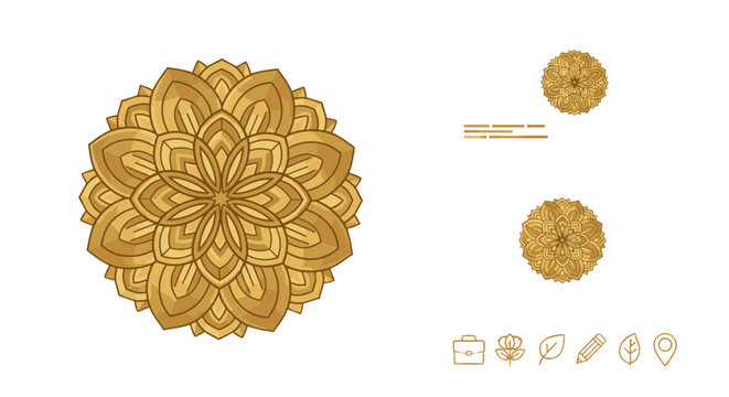Golden mandala graphic design with intricate floral patterns and subtle wavy lines, presented alongside minimalist business card mockups and a set of elegant icons including a briefcase, flower