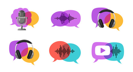 Collection of six flat design icons representing audio and video communication, including a vintage microphone, headphones, sound waves within speech bubbles, and a play button icon, all on a black