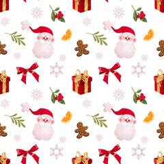 Merry Christmas seamless pattern. Santa, gingerbread, ribbons, gifts, snowflakes. Trendy vector illustration in cartoon groovy style. Hand drawn new year noel pattern