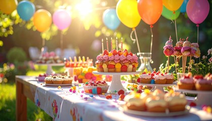 Outdoor Celebration with Balloons, Cake, and Sweets A Festive Birthday Party Scene