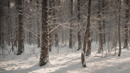 Snowy Winter Forest - A Serene Landscape of Trees and Snow.