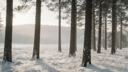 Snowy Forest Scene - Serene Winter Landscape with Tall Trees.