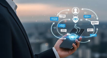 Businessman holding smartphone with futuristic digital network interface showing security and communication icons