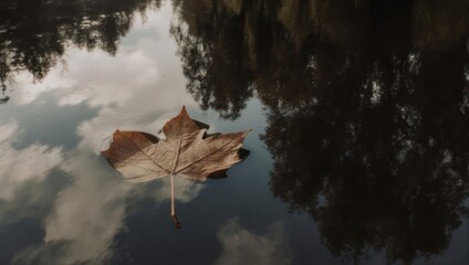 Solitary Leaf Floating on Water Reflecting Sky and Trees.