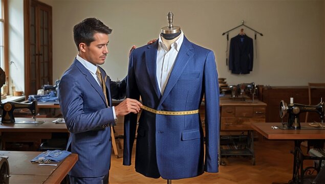 Tailor Measuring a Suit Jacket in a Custom Clothing Workshop During the Day