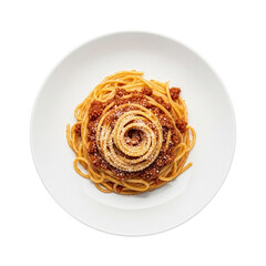 Overhead shot of spaghetti bolognese with parmesan cheese isolated on transparent background