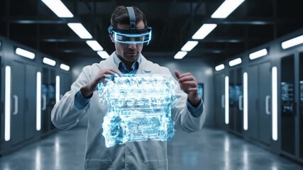 Engineer using augmented reality to design a complex engine in a server room - Powered by Adobe