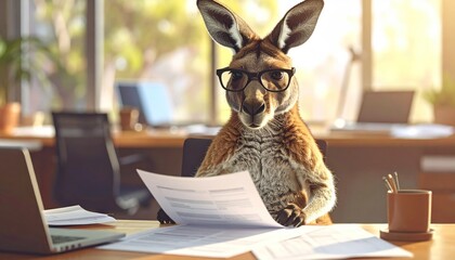 Kangaroo Reads Documents at Office Desk with Glasses, Laptop, and Business Context