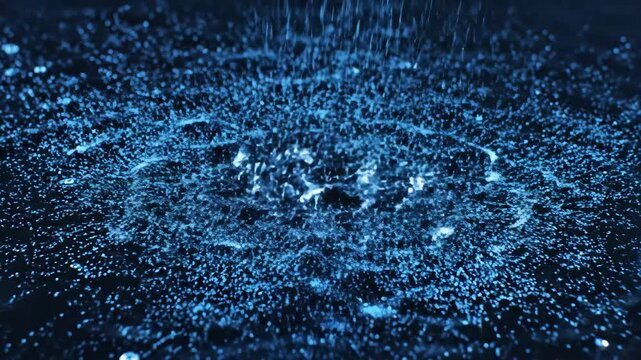 Water droplets cascade and fall onto a dark surface, creating beautiful patterns and waves. Each splash generates stunning ripples, showcasing nature's art in an enchanting display.