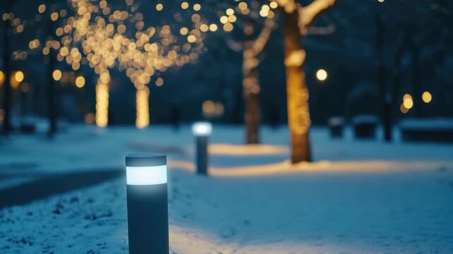 A row of lights on a snowy sidewalk, perfect for winter scenes or festive events