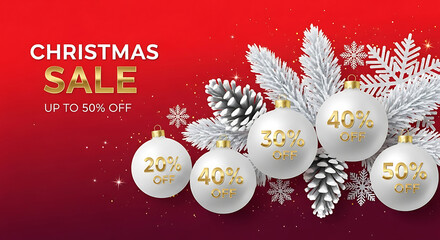 Christmas sale up to 50 percent off with ornaments and pine cones